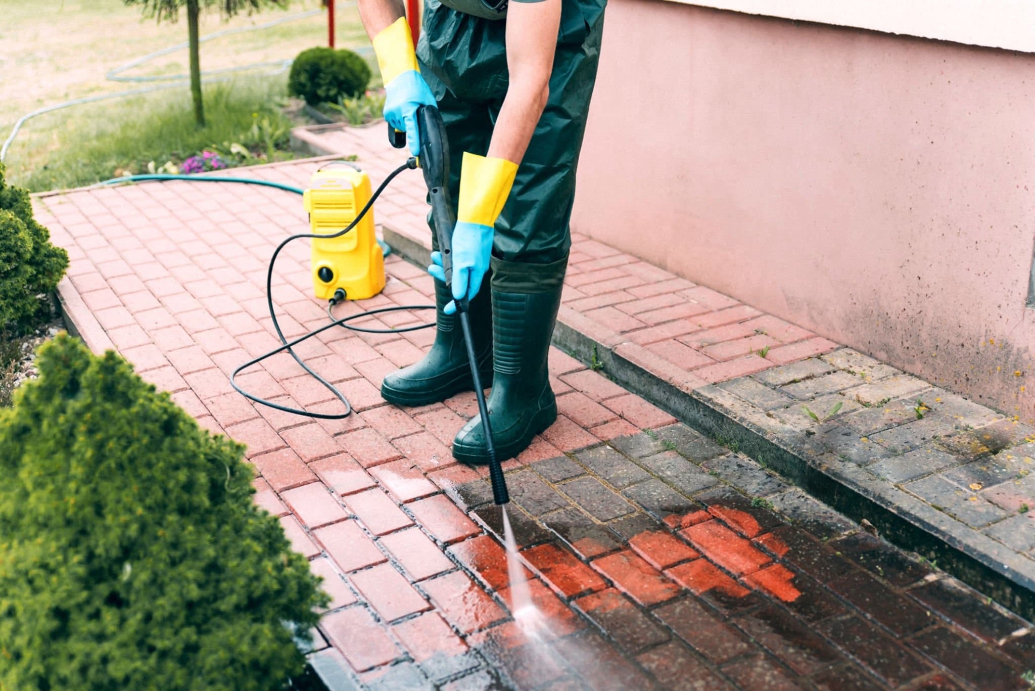 A man pressure washing the ground